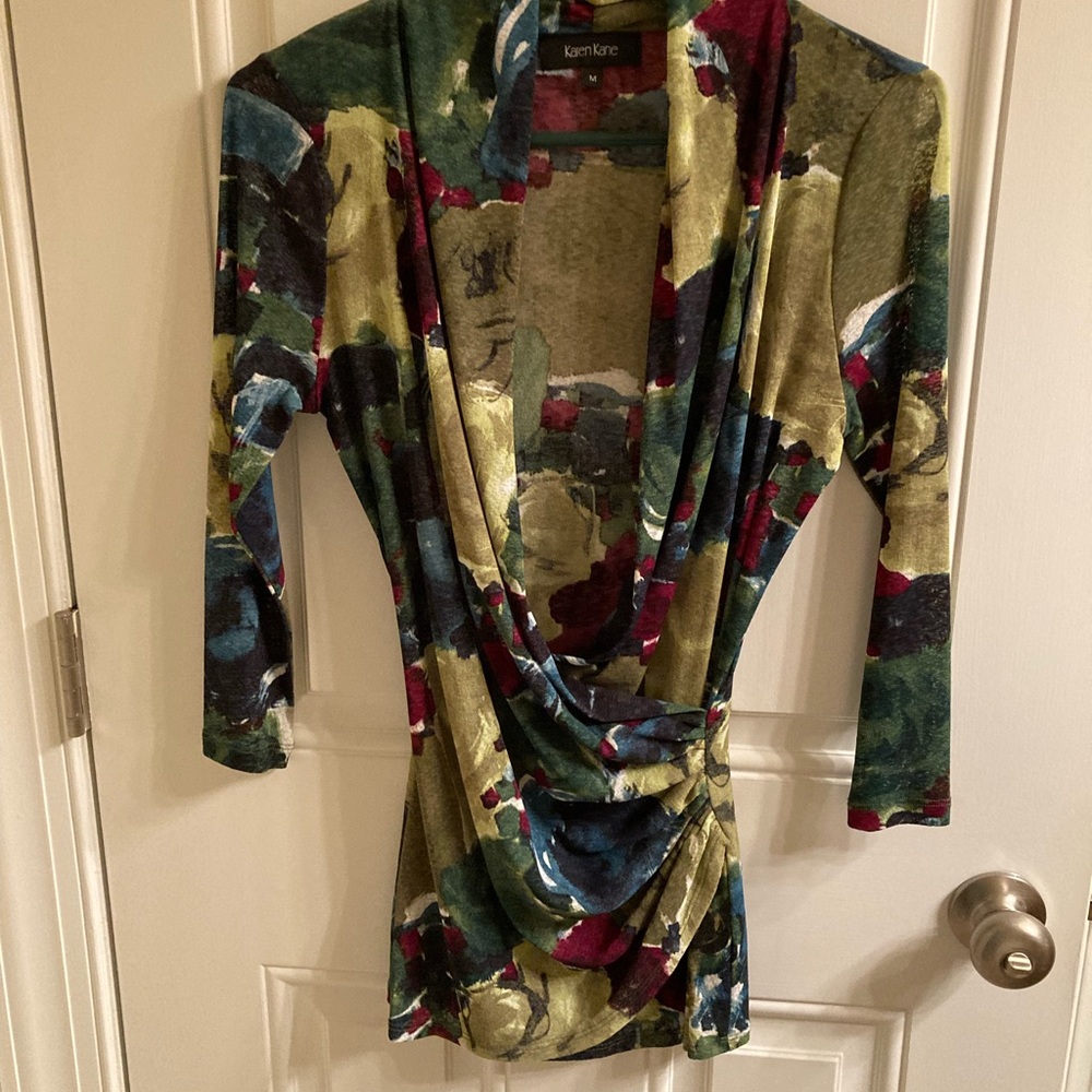 Karen Kane Blue Green Asymmetrical Wrap Blouse